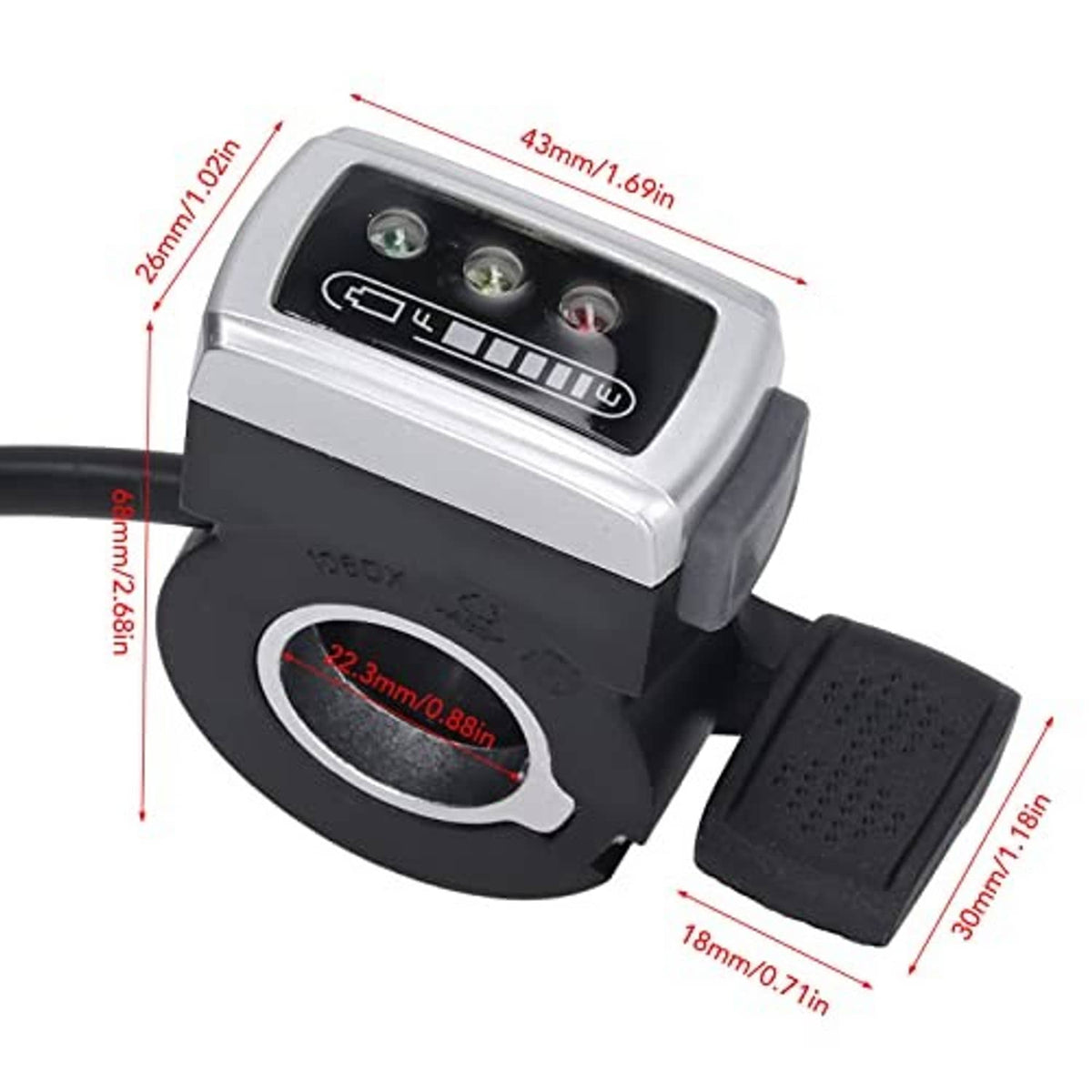 Thumb throttle dimensions: silver switch housing, black mount and rubber grips