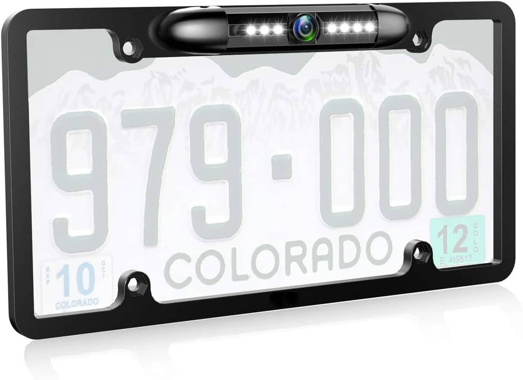 Universal license plate backup camera with built-in lens and LED light bar