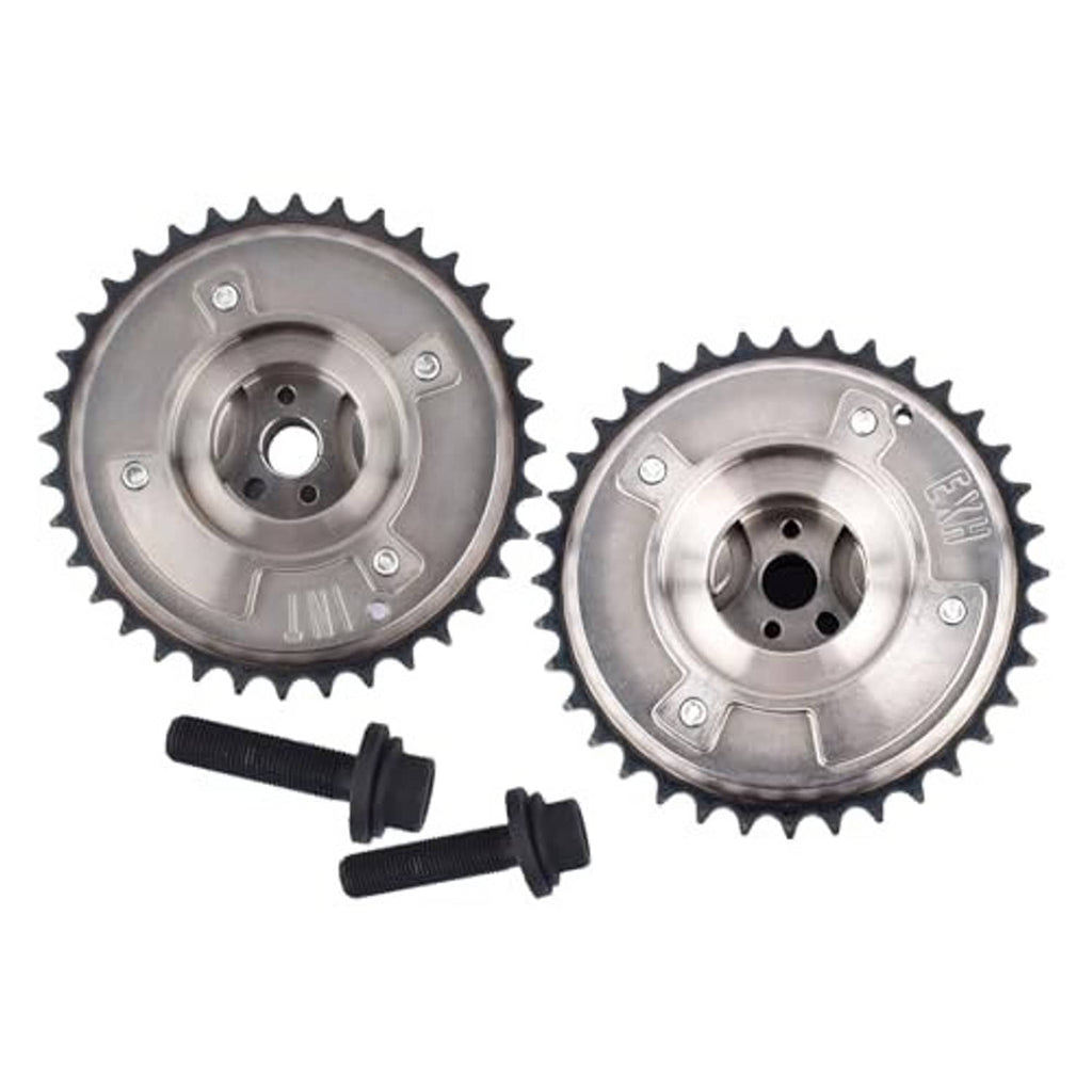 VVT camshaft sprocket gears, two silver toothed wheels with black mounting bolts