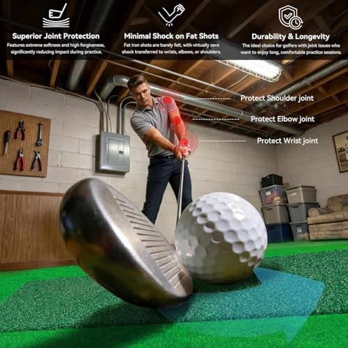 Green golf hitting strip on base pad, angled view with training golf ball