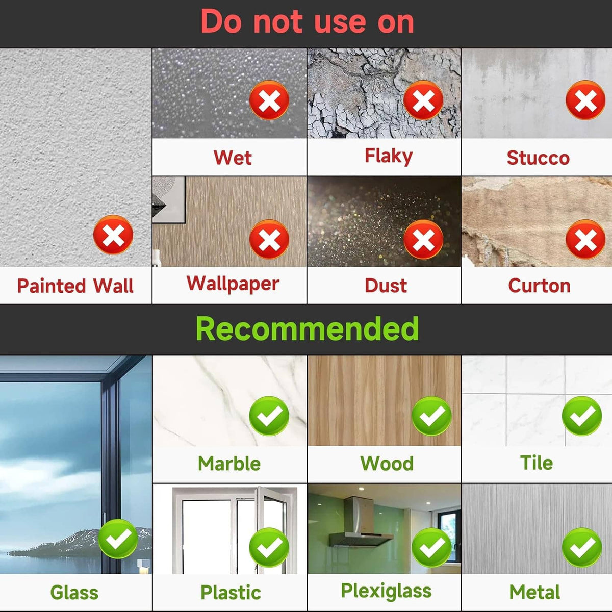 Wall hook surface guide for adhesive installation, recommended tiles and metal
