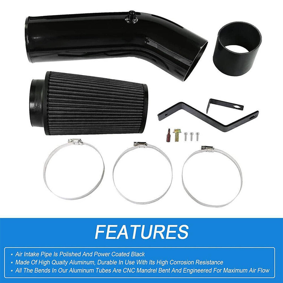 Cold air intake tube and cone air filter kit with clamps and hoses