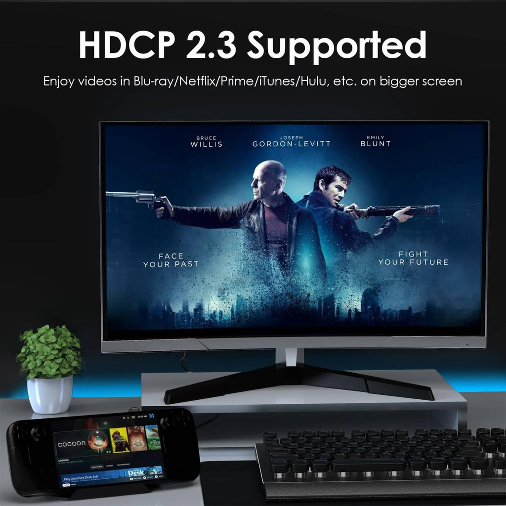 Black docking station setup with HDMI connection for TV viewing and media