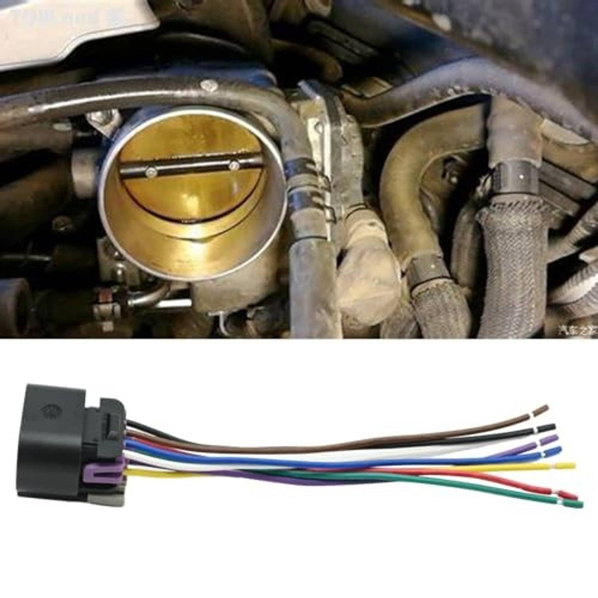 Throttle body connector pigtail harness with black plug and multicolored wires