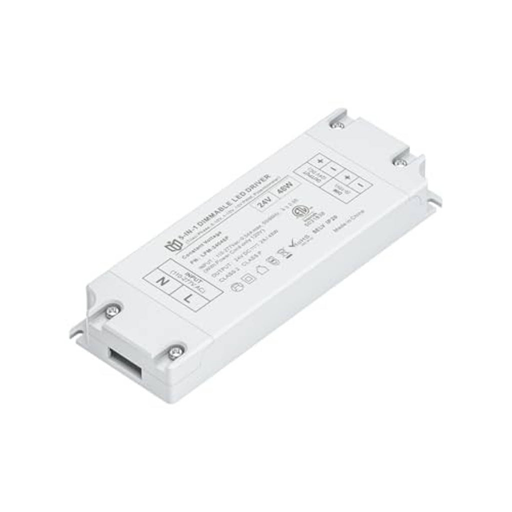 Dimmable 24V LED power supply, angled view of white case with mounting tabs