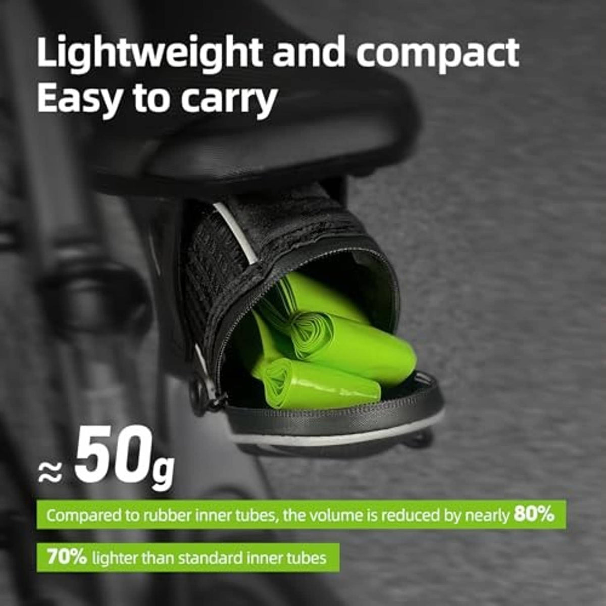 Lightweight green inner tube rolls in a small carry pouch with valve stem