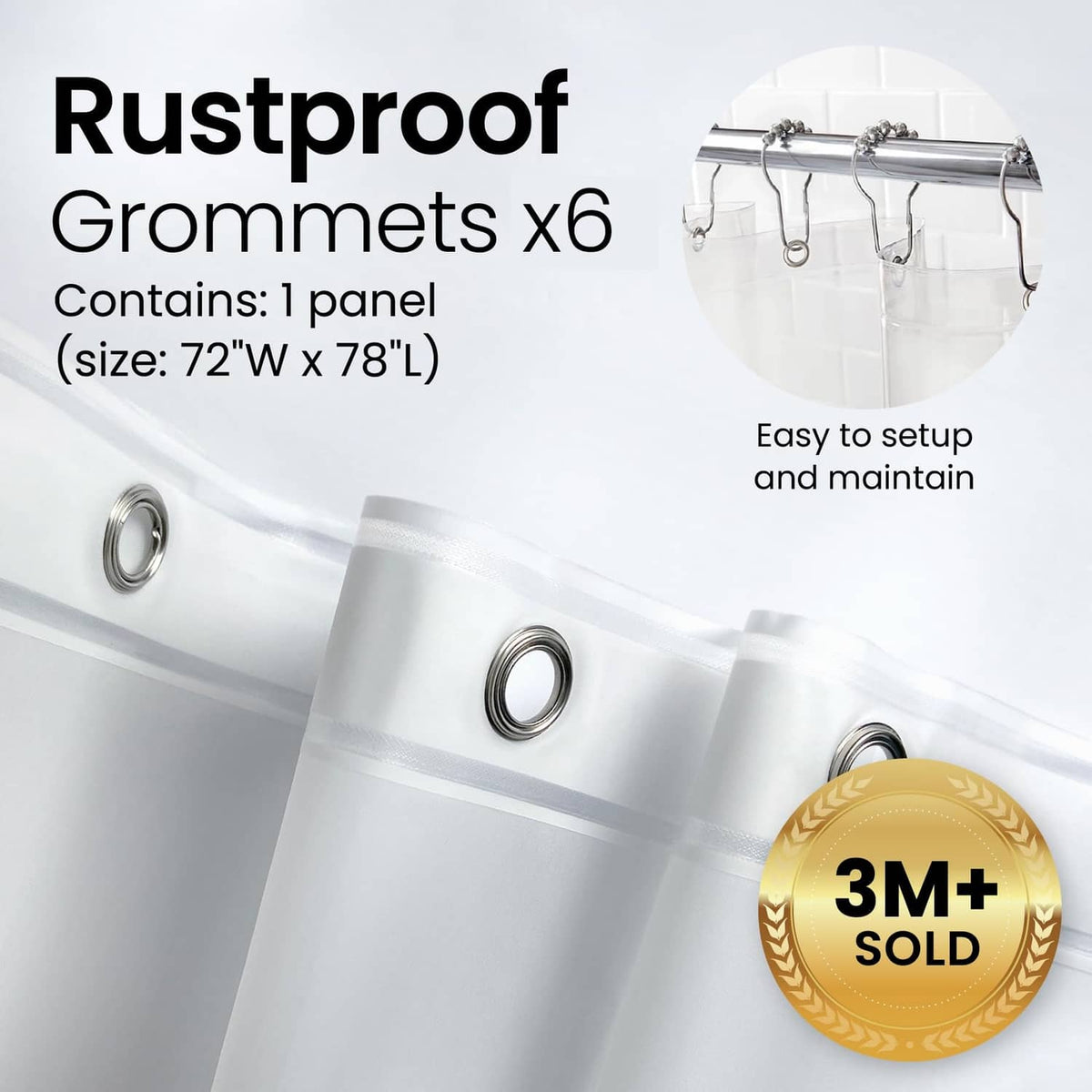 Clear PEVA shower curtain liner with rustproof metal grommets and one 72x78 in panel.