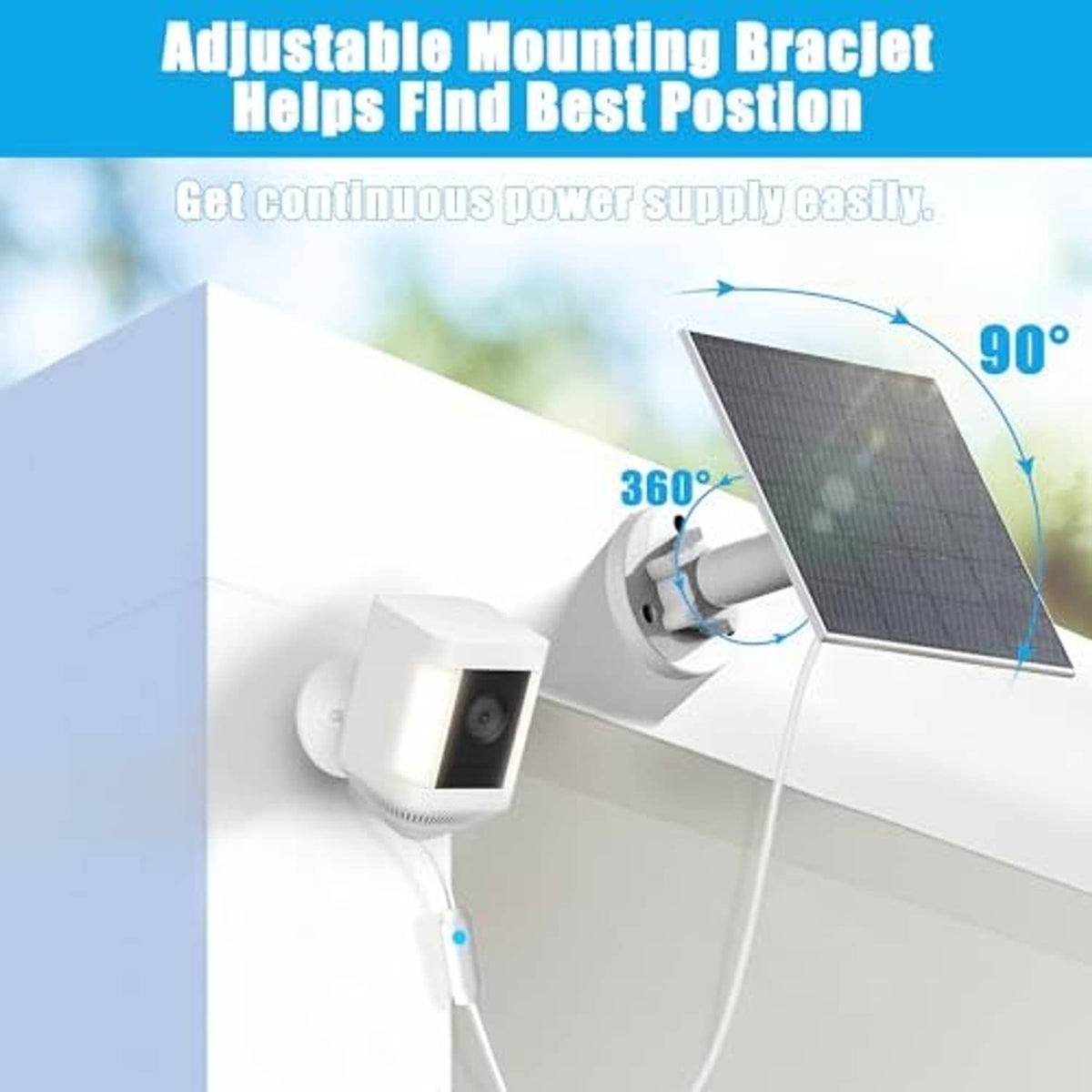Adjustable mounting bracket with black 6W solar panel and white camera base