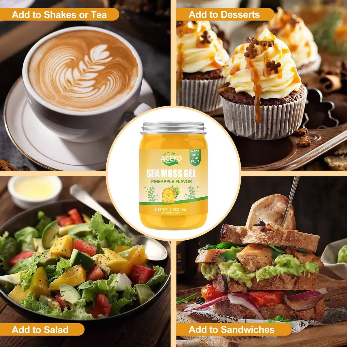 Sea moss gel jar with pineapple flavor label, shown with smoothie and dessert pairings