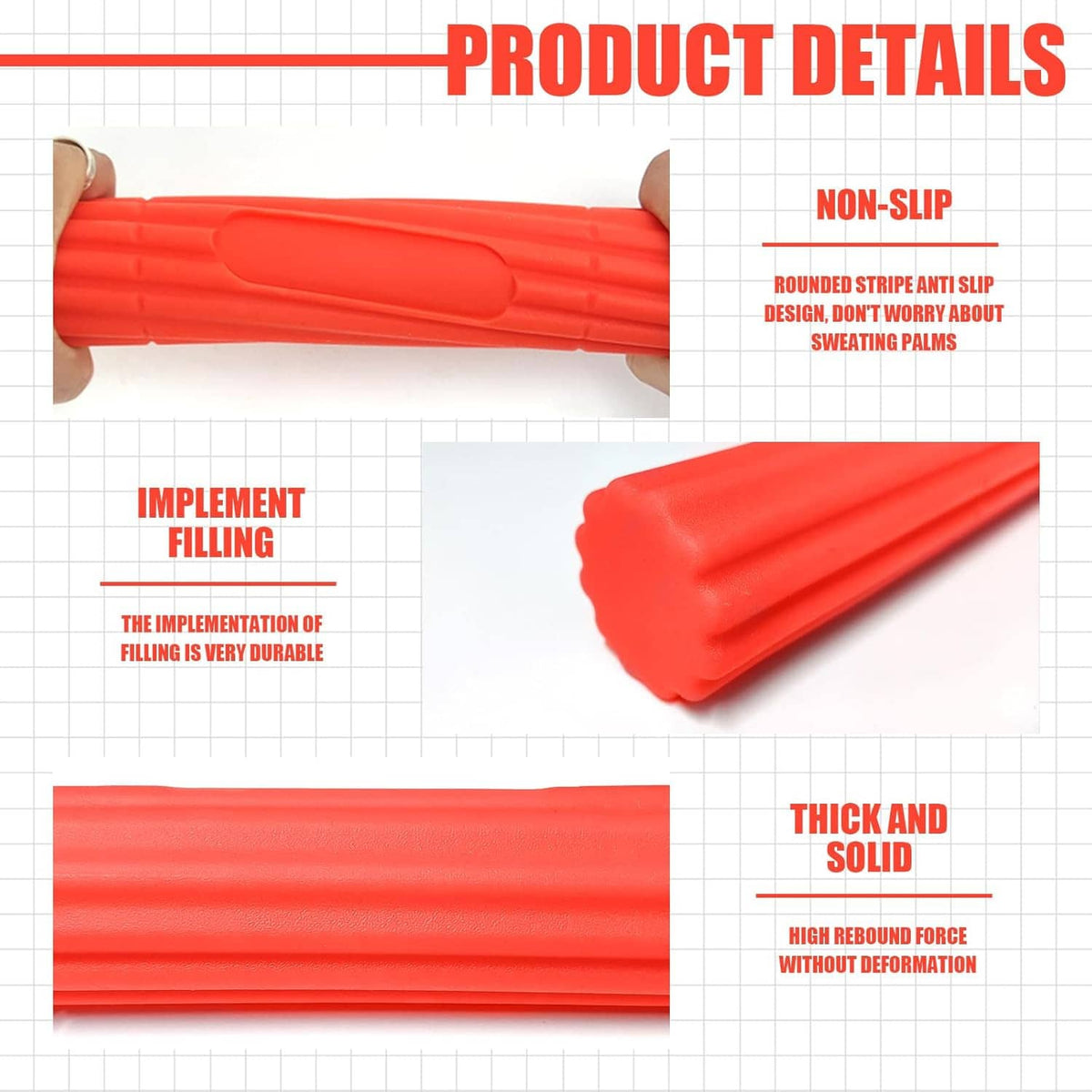 Red torsion bar detail with non-slip ridges and thick solid foam