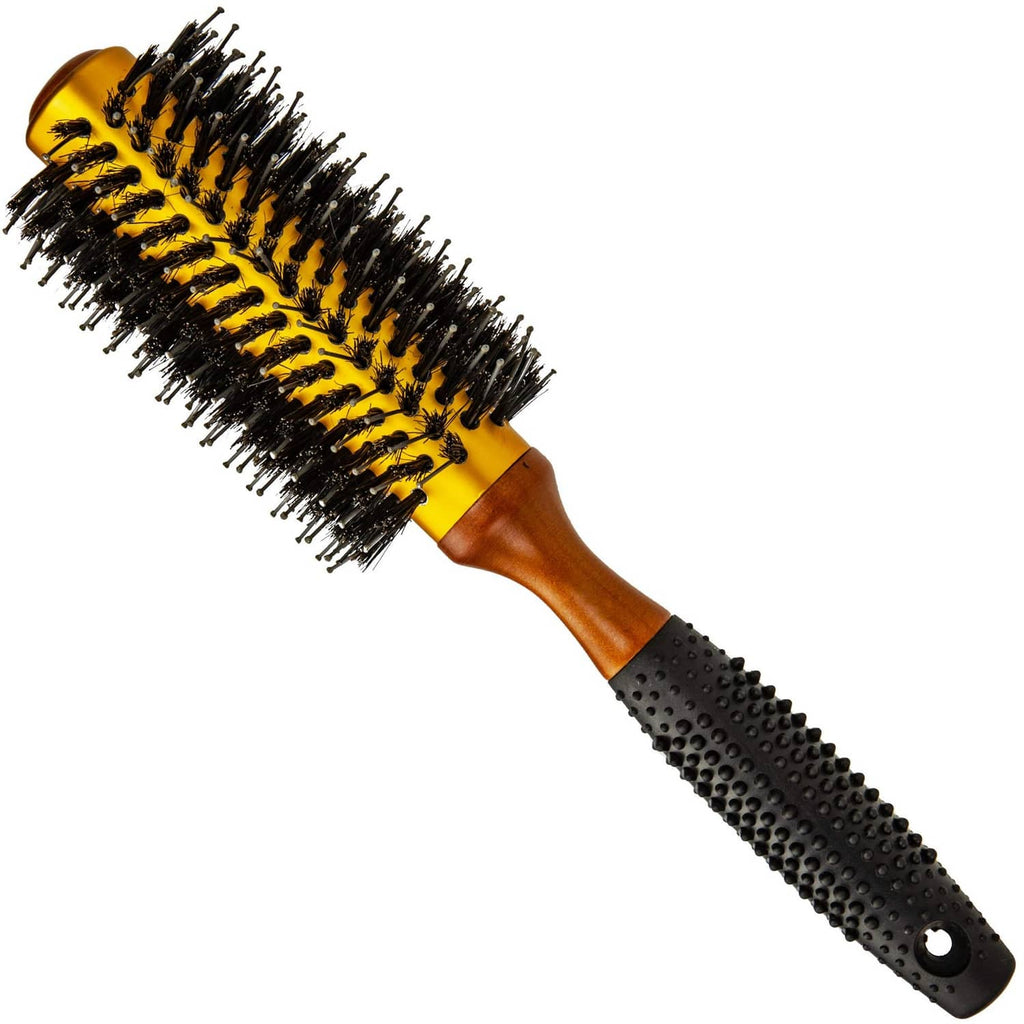 Anti-static roller hair brush with yellow barrel, black bristles, and brown handle