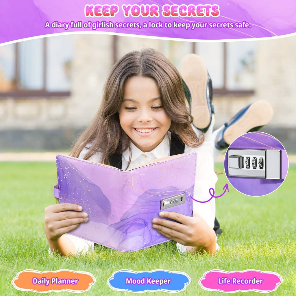 Purple diary with metal combination lock, shown while writing in the pages