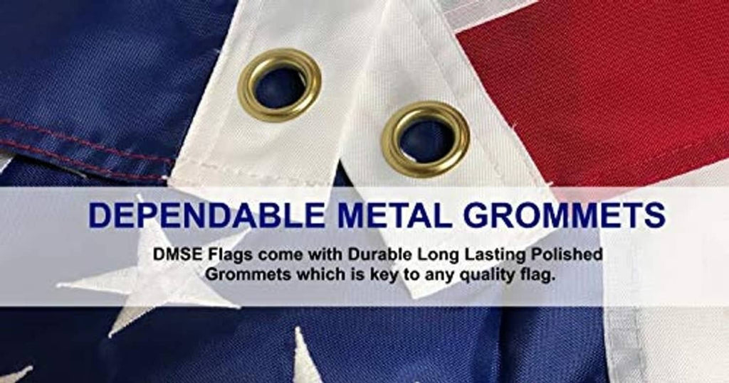 Flag corner with brass grommets and blue-red-white fabric panels