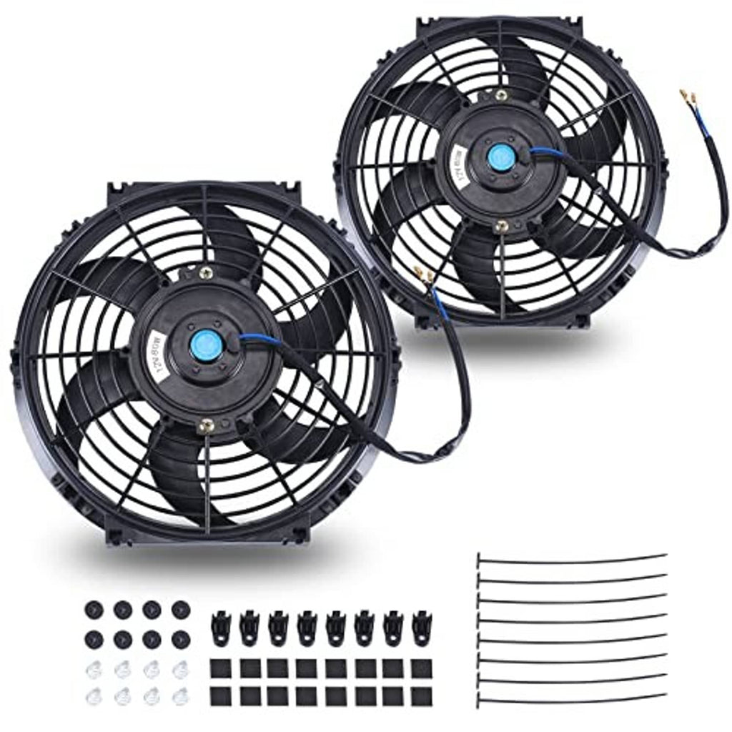 Dual 10-inch black radiator cooling fans kit with wire leads, fasteners, and clips