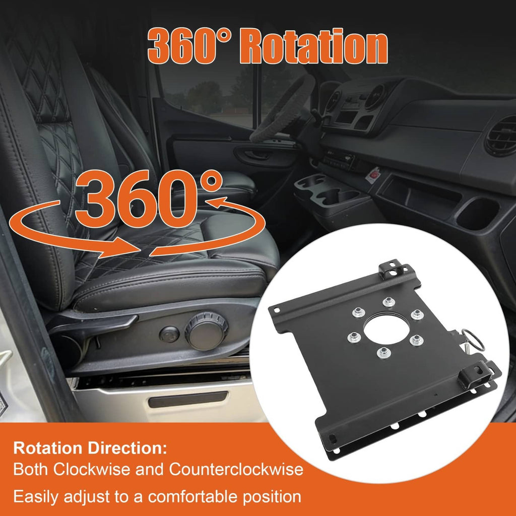 Black seat swivel base installed in front passenger area on vehicle floor with mounting handle