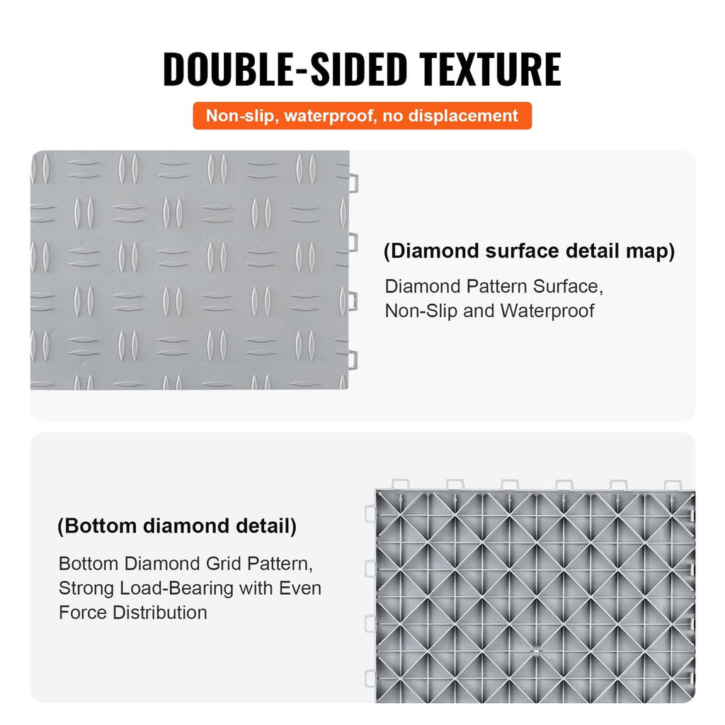Double-sided gray garage floor tile showing diamond top texture and grid bottom