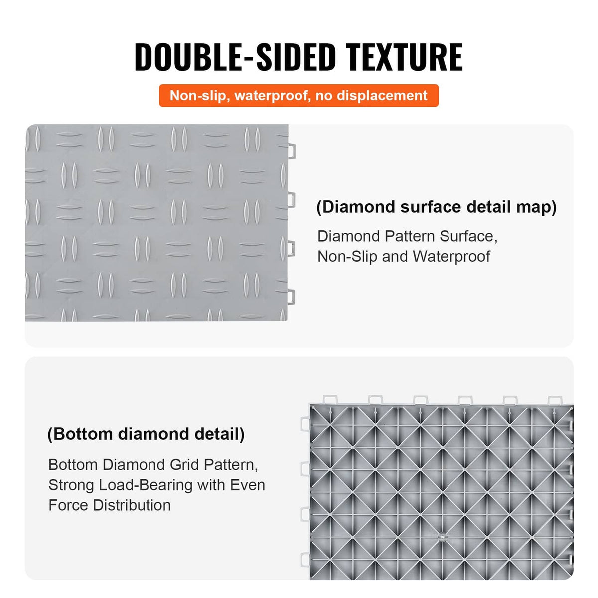 Double-sided gray garage floor tile showing diamond top texture and grid bottom