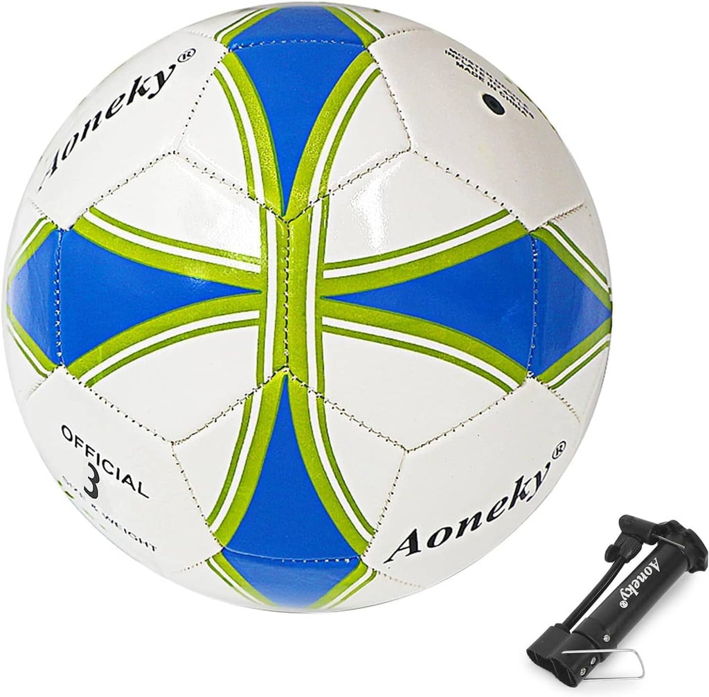 Soccer ball with pump, white and blue with lime-green stripe pattern and needle valve