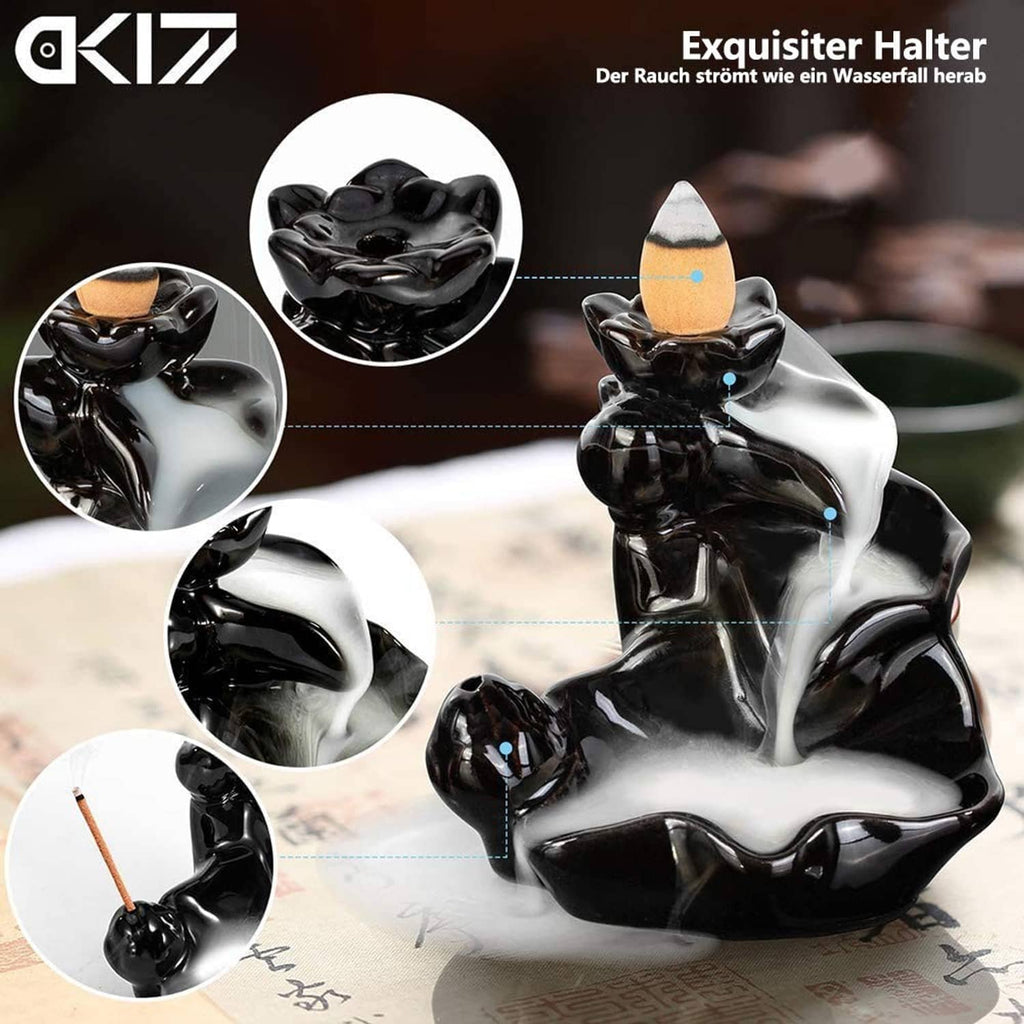 Black ceramic backflow incense holder, seated lotus incense base with cone