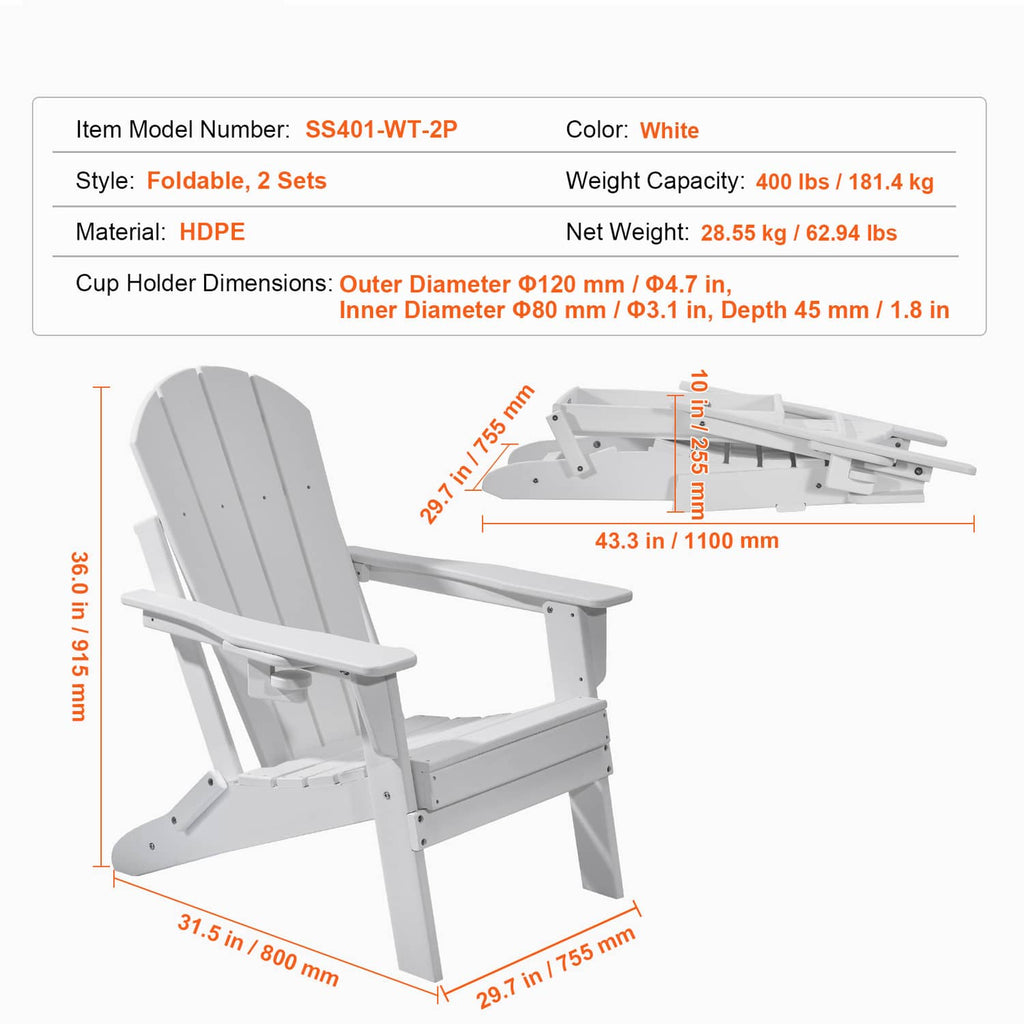 White folding Adirondack chair with labeled dimensions diagram and cup holder details