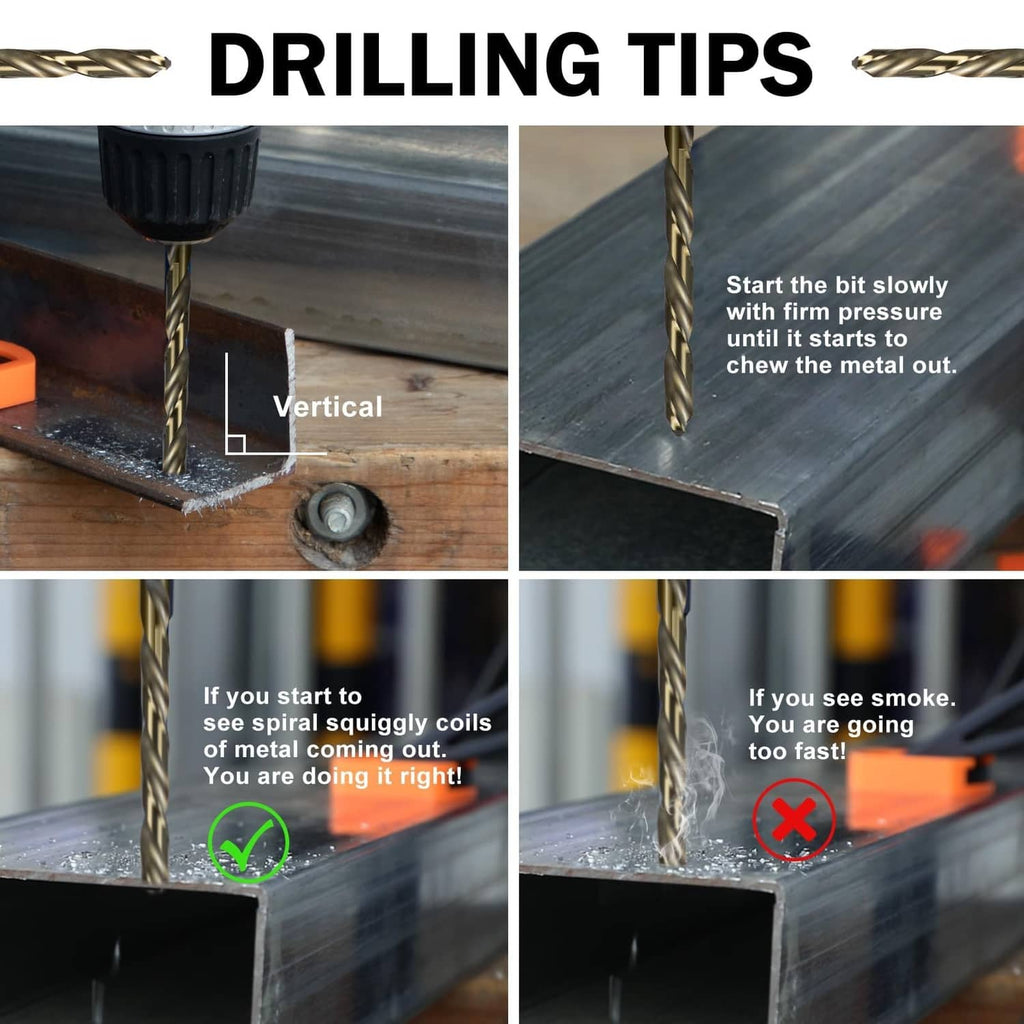 Cobalt drill bit drilling into metal sheet with vertical drilling guidance icons
