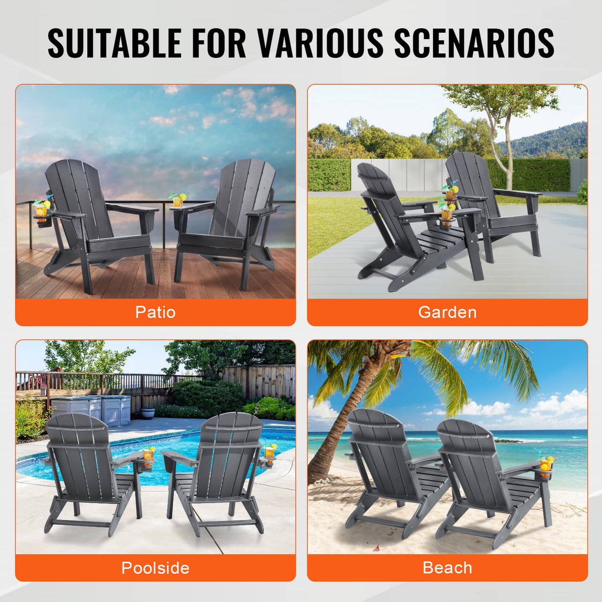 Set of 2 gray folding adirondack patio chairs with armrests and cup holder