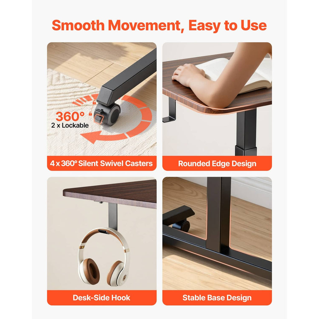 Adjustable standing desk base with casters and smooth tabletop edge shown on infographic