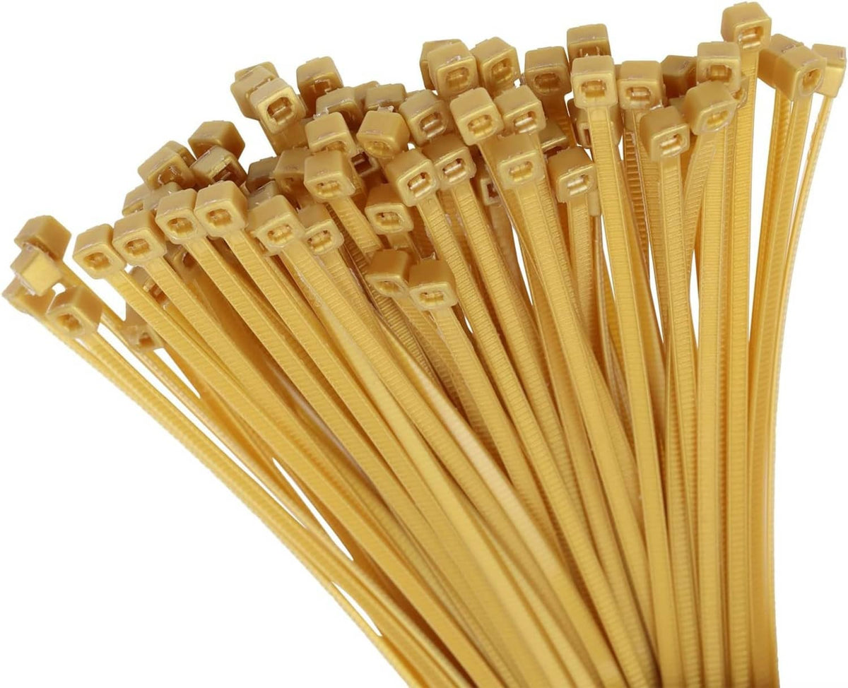 Gold nylon zip cable ties fanned bundle with box-lock ends