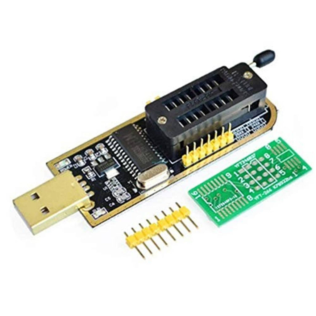 SOIC/SOP programmer adapter board with chip socket, gold pins, and green circuit card