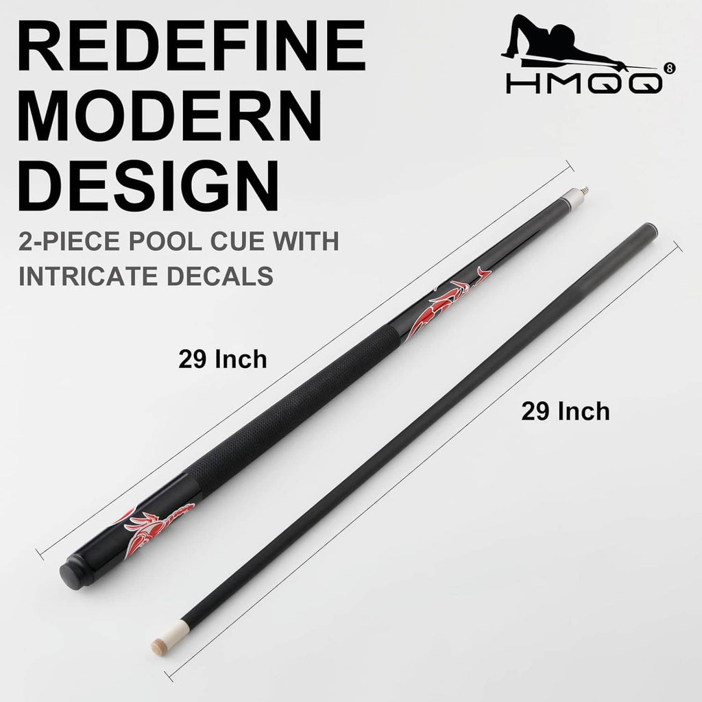 Two-piece pool cue with black shaft and red graphic decals, matching tips