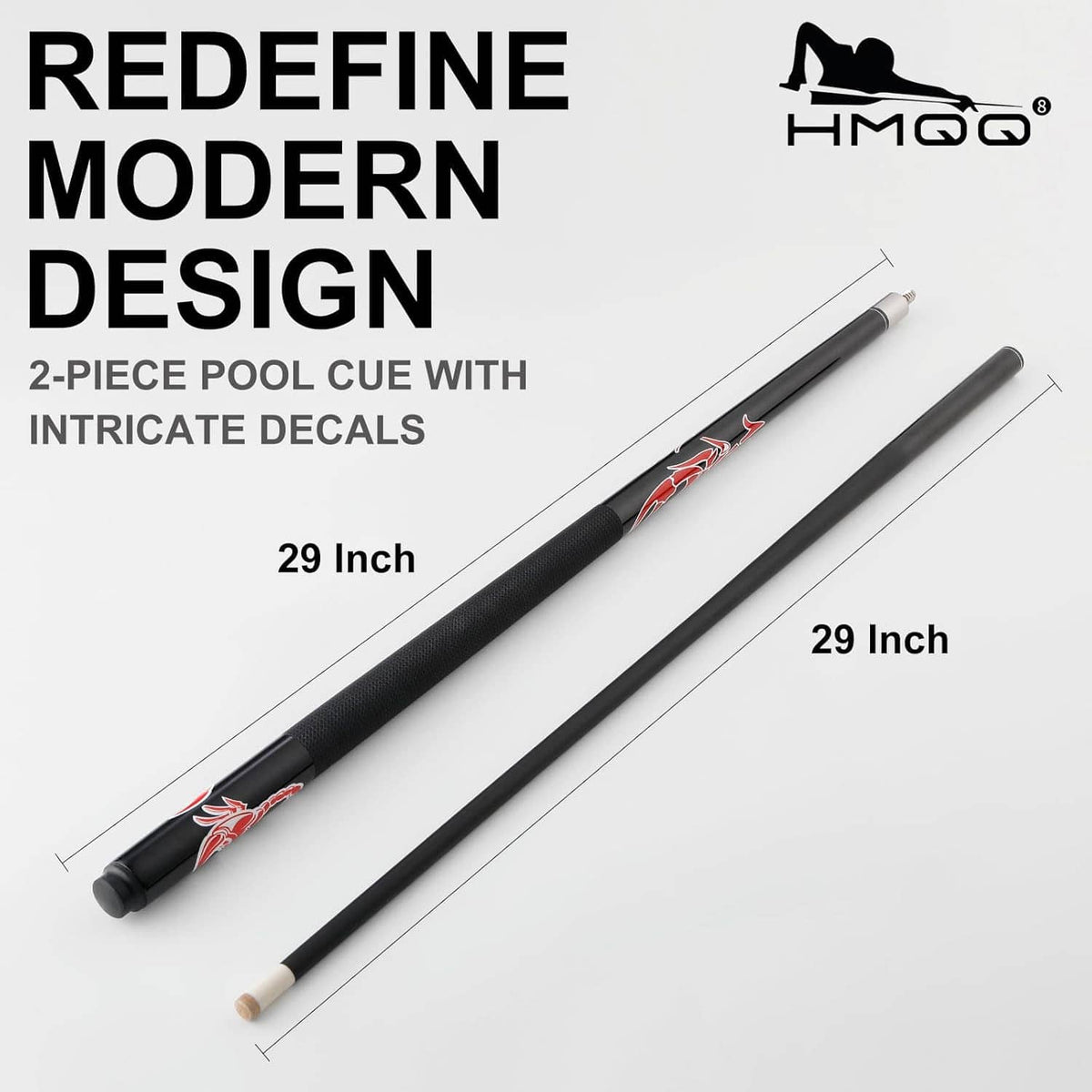 Two-piece pool cue with black shaft and red graphic decals, matching tips
