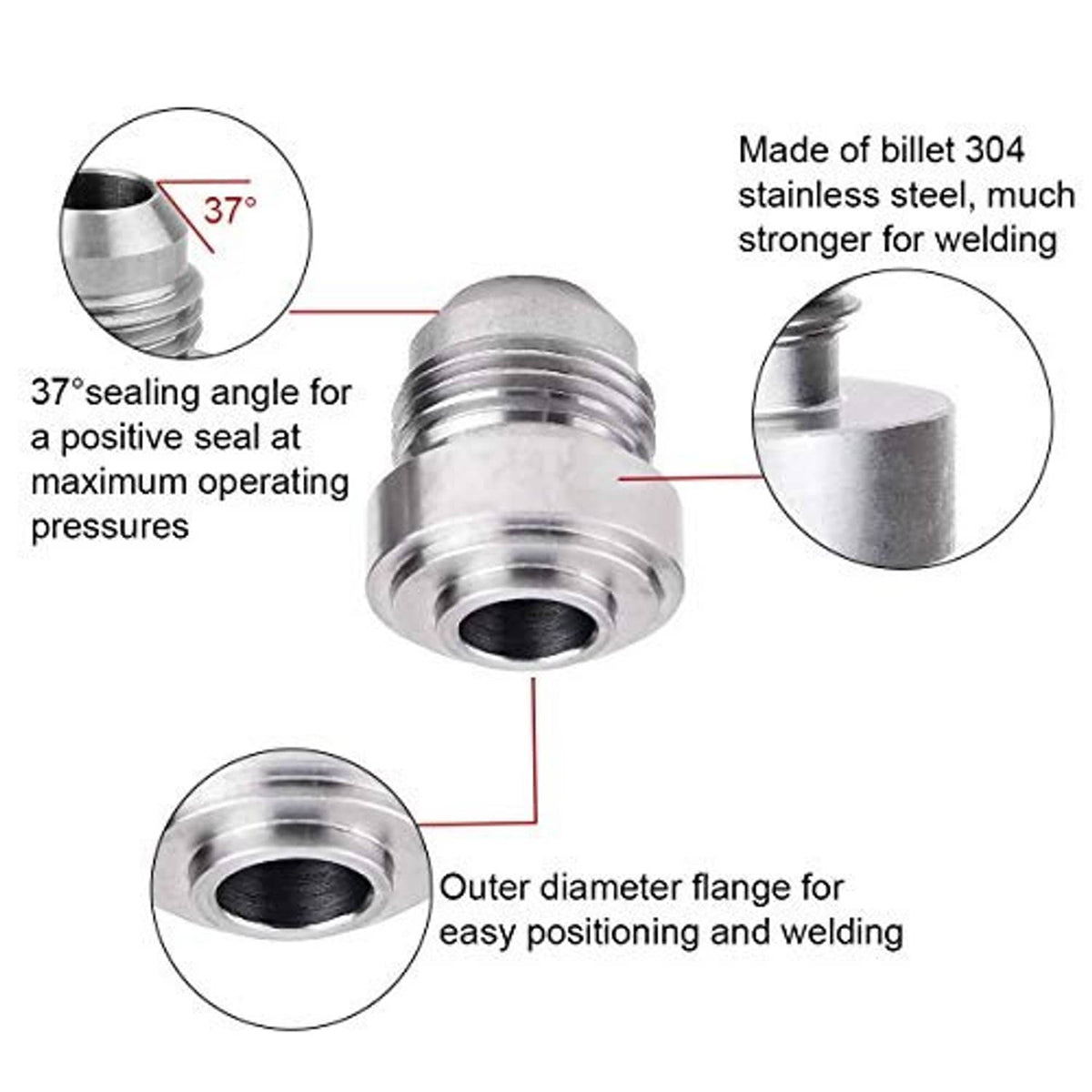 Male weld-on bung fitting showing male threads and 37° sealing angle