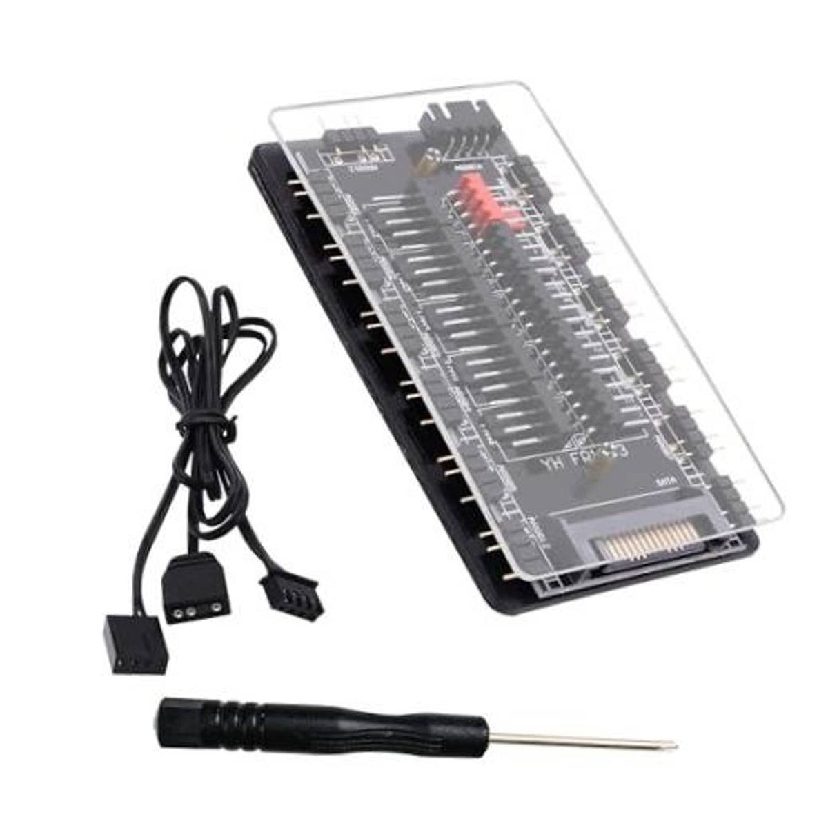 ARGB/PWM fan hub controller with clear cover and attached connector cables