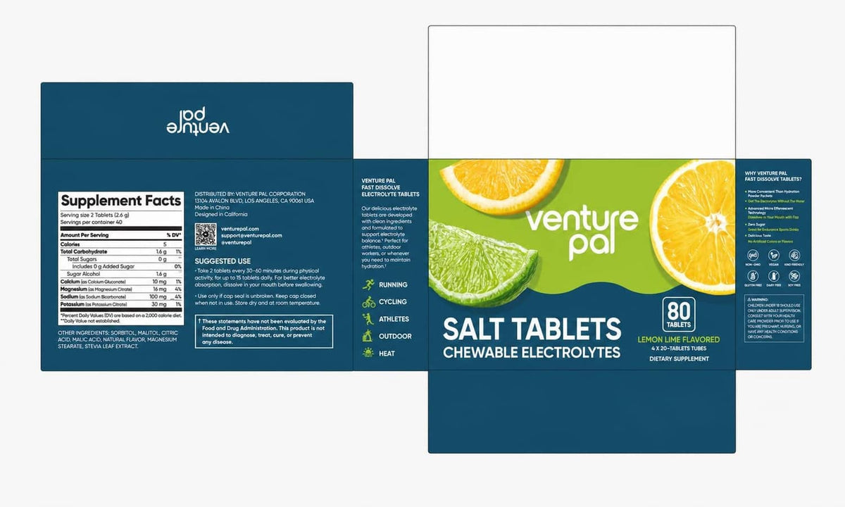 Venture Pal salt tablets box front and back panels with lime lemon, 80 count
