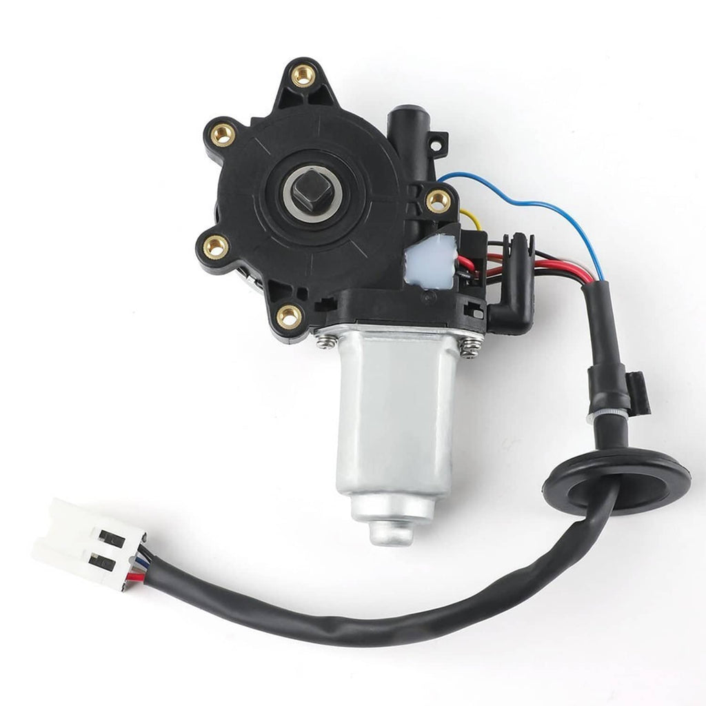 Front window motor assembly with black motor housing, metal actuator, and looped cable