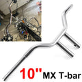 Chrome 10-inch MX T-bar handlebar with curved rise and straight ends, motorcycle fitment