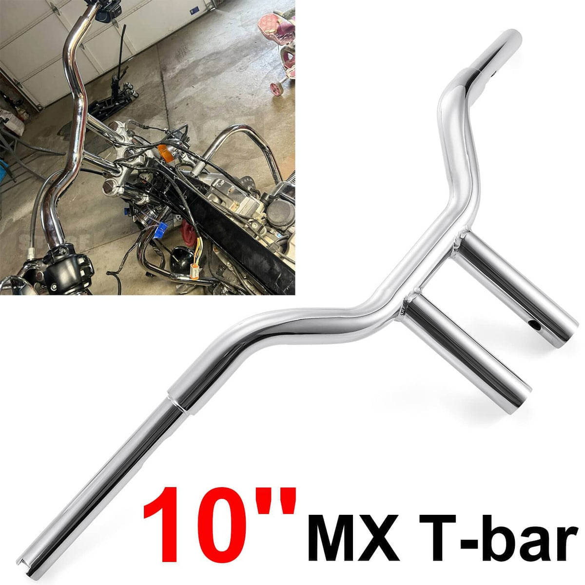 Chrome 10-inch MX T-bar handlebar with curved rise and straight ends, motorcycle fitment
