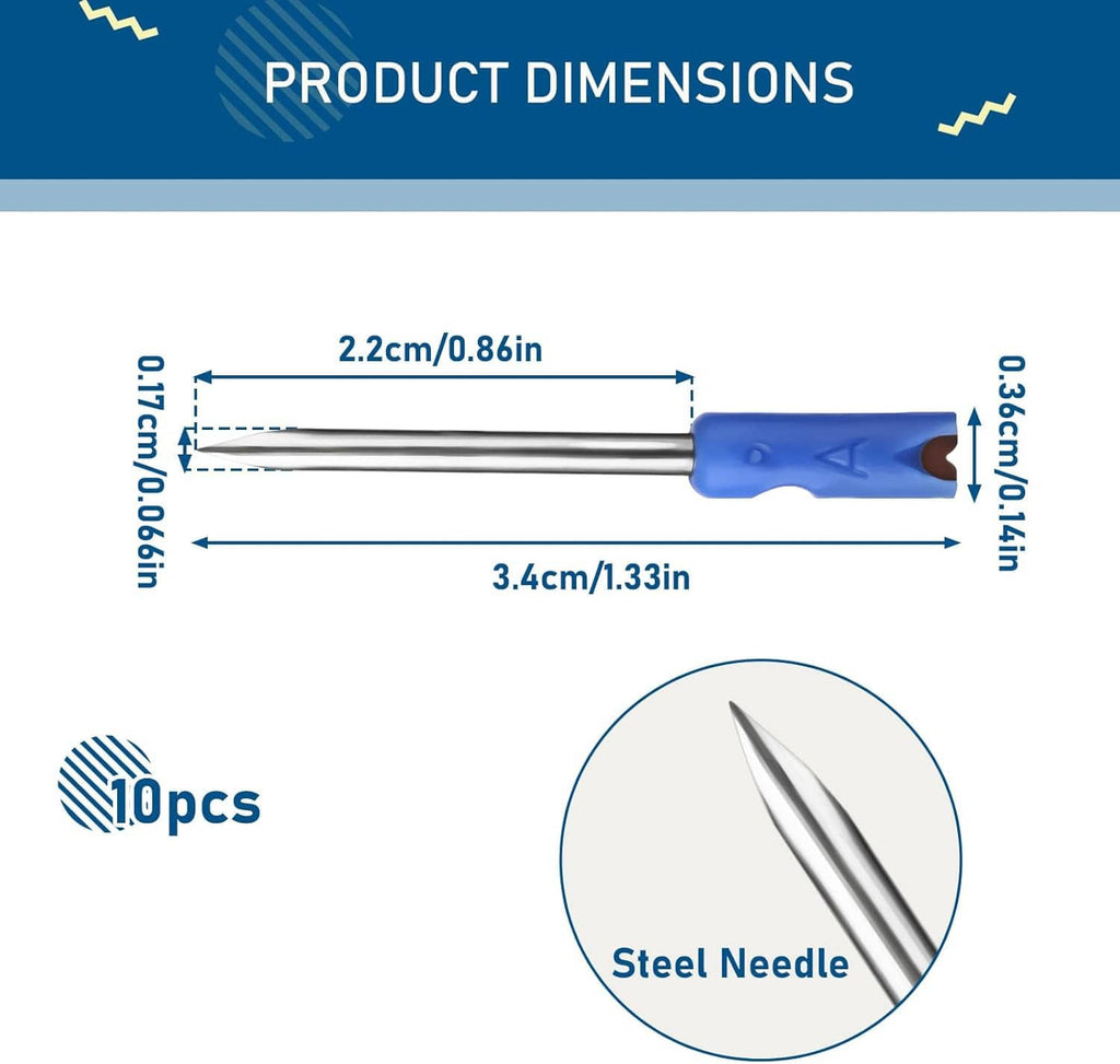 Tagging gun needles with steel needle tips and compact dimension diagram