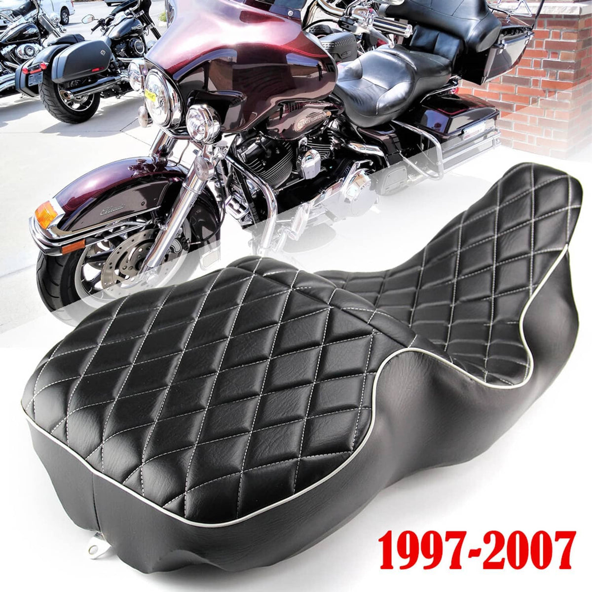 Black diamond-quilt 2-up motorcycle seat with white piping, shown mounted on bike