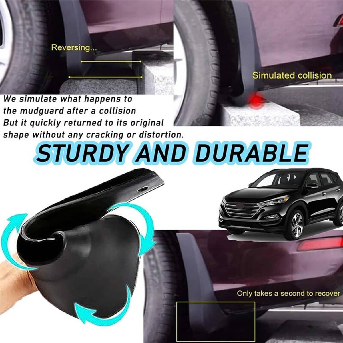 Black mud flap splash guard near a tire, shown during fit testing