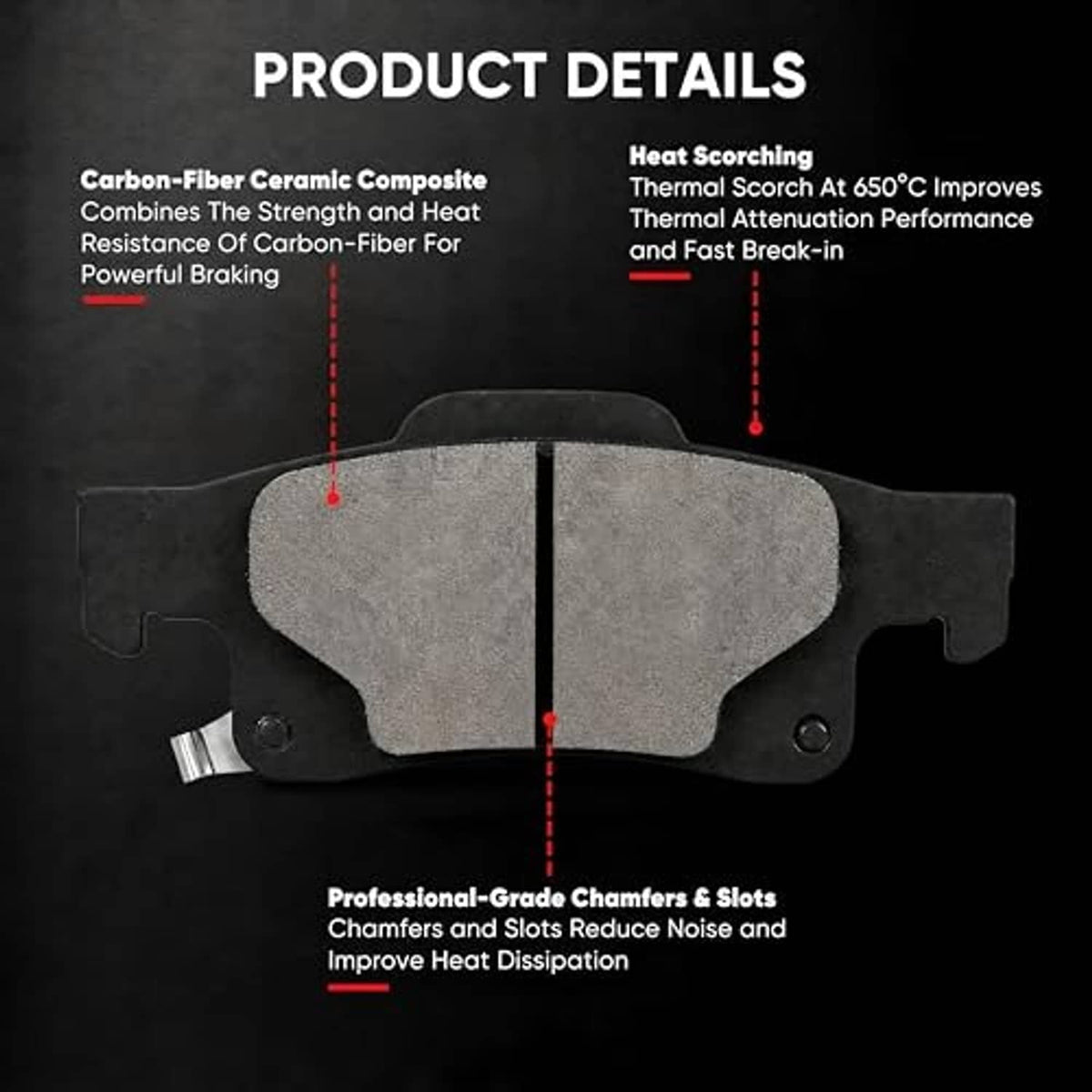 Pair of ceramic brake pads with grey friction material and black backing plate