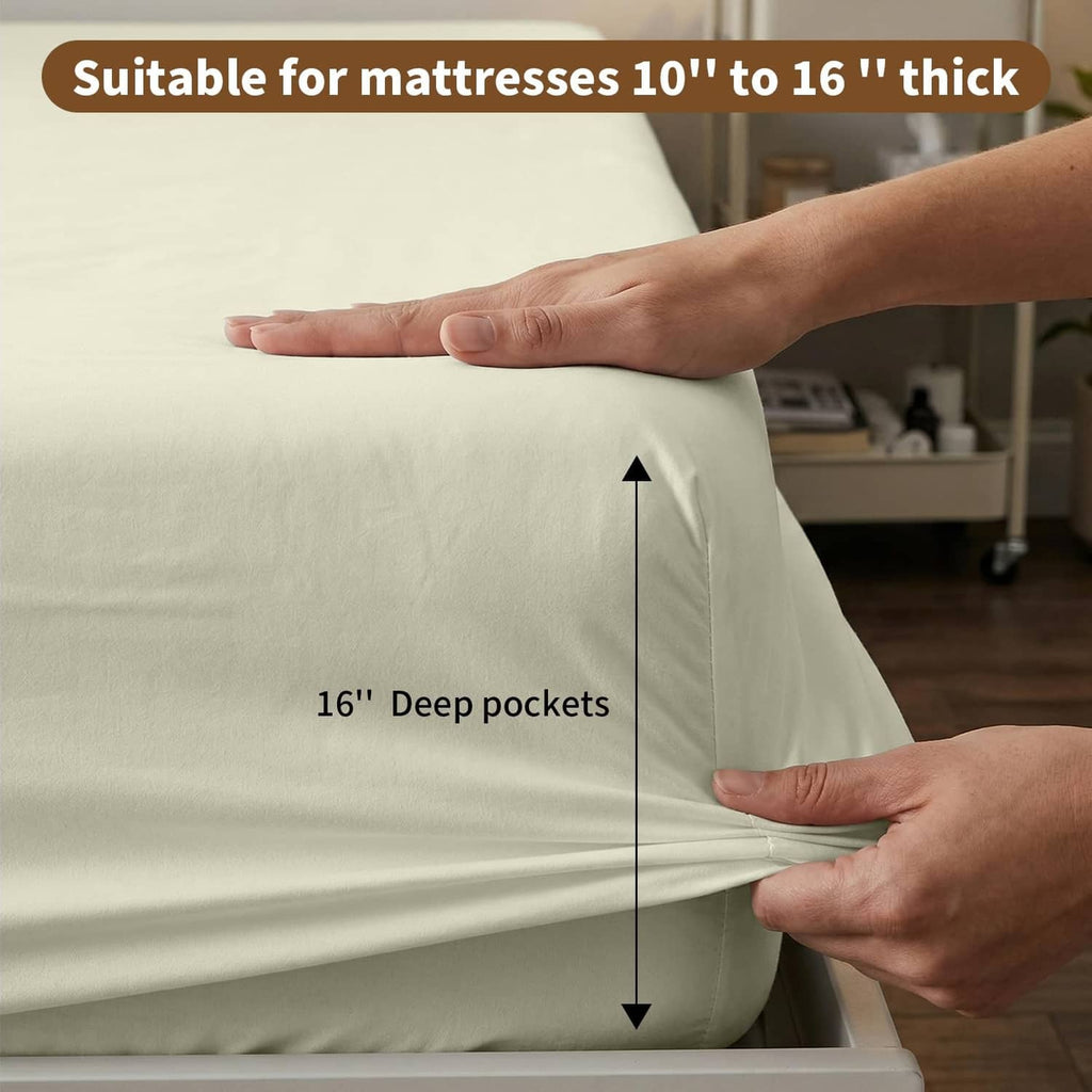 Light yellow fitted sheet showing 16-inch deep pockets for secure, snug mattress fit