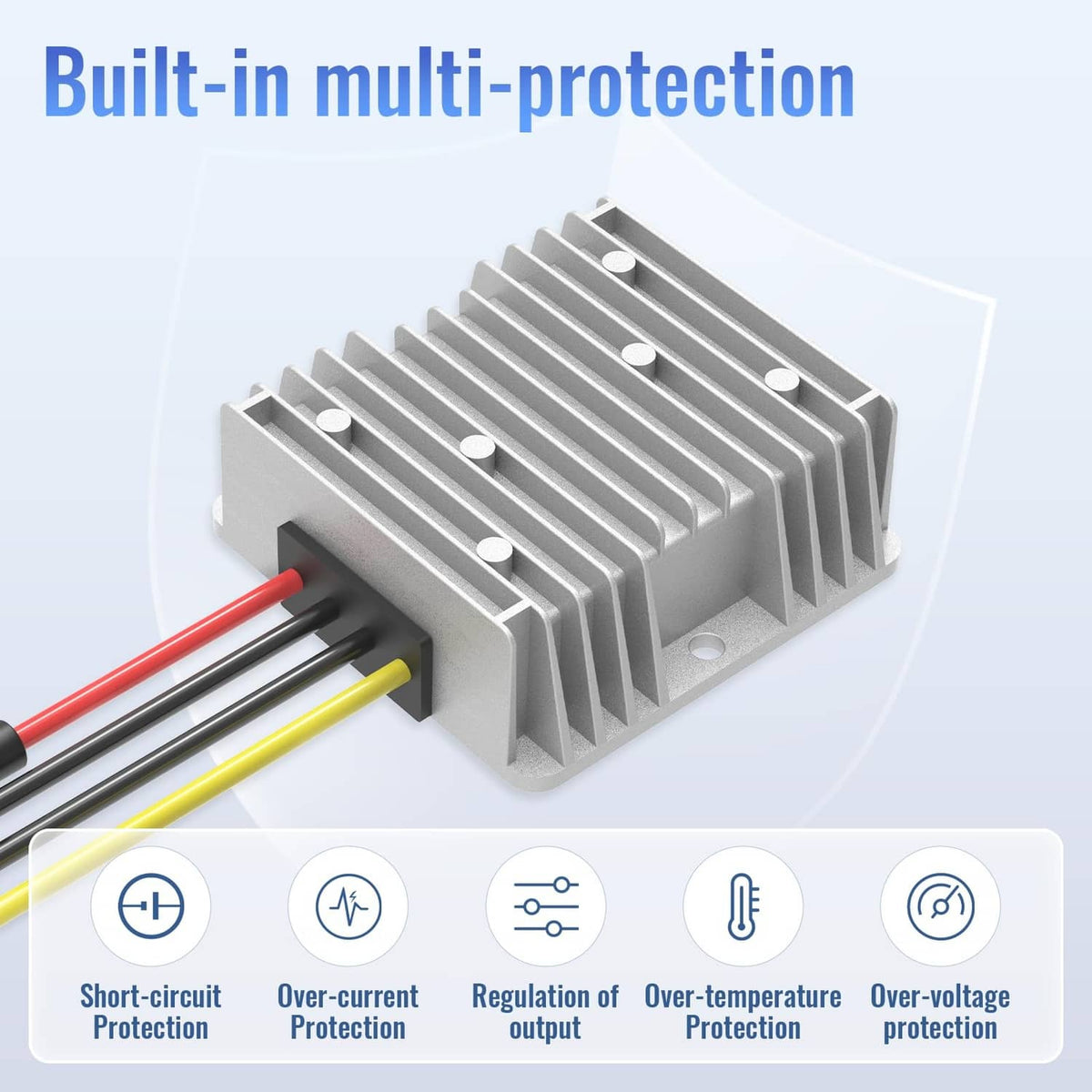 Grey DC power converter with ribbed heat sink fins and red/black wire connections