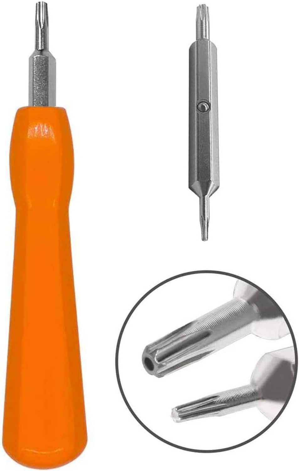 Orange-handled Torx bit screwdriver showing handle and two metal bits