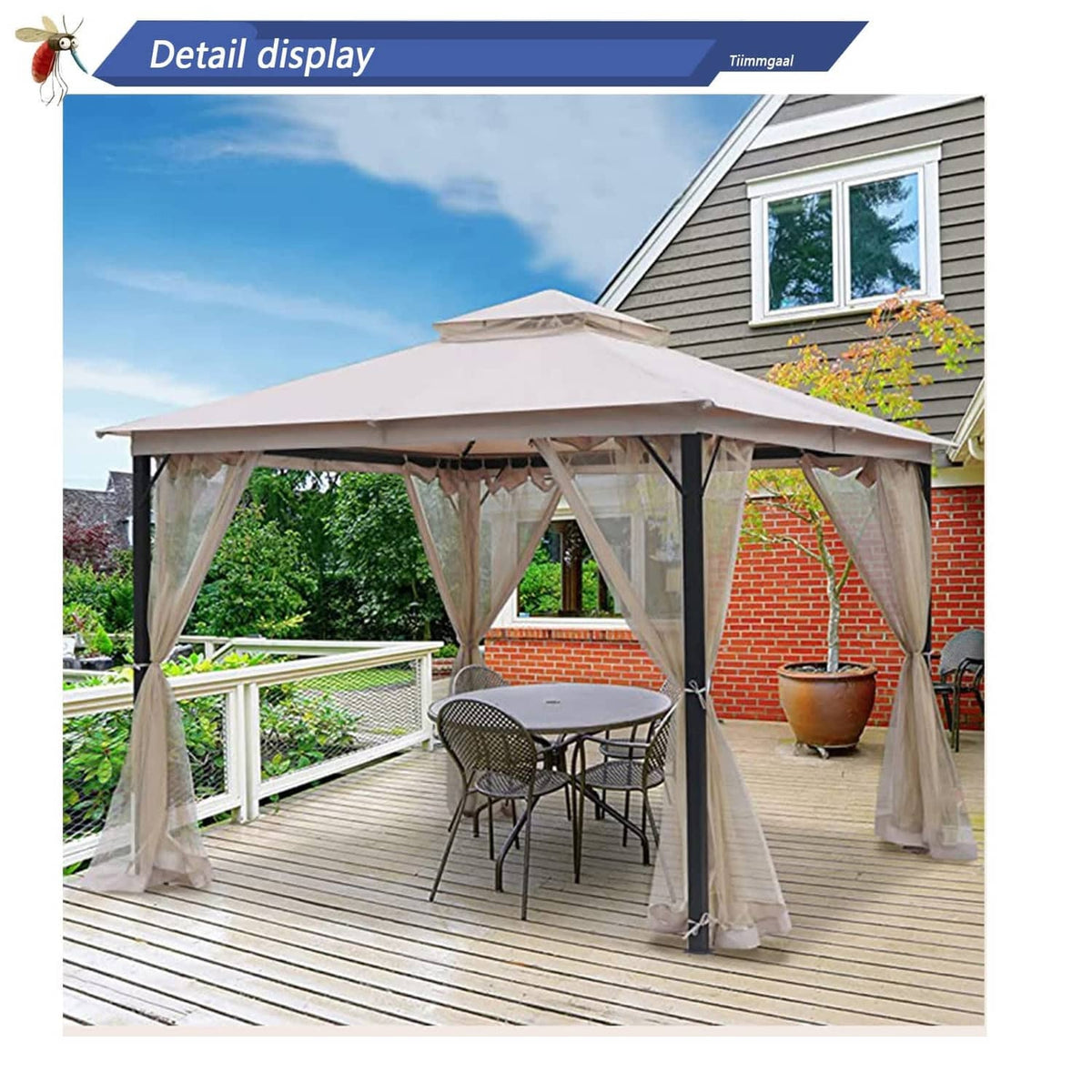 Gazebo mosquito net with zippered panels and roof overhang for patio seating