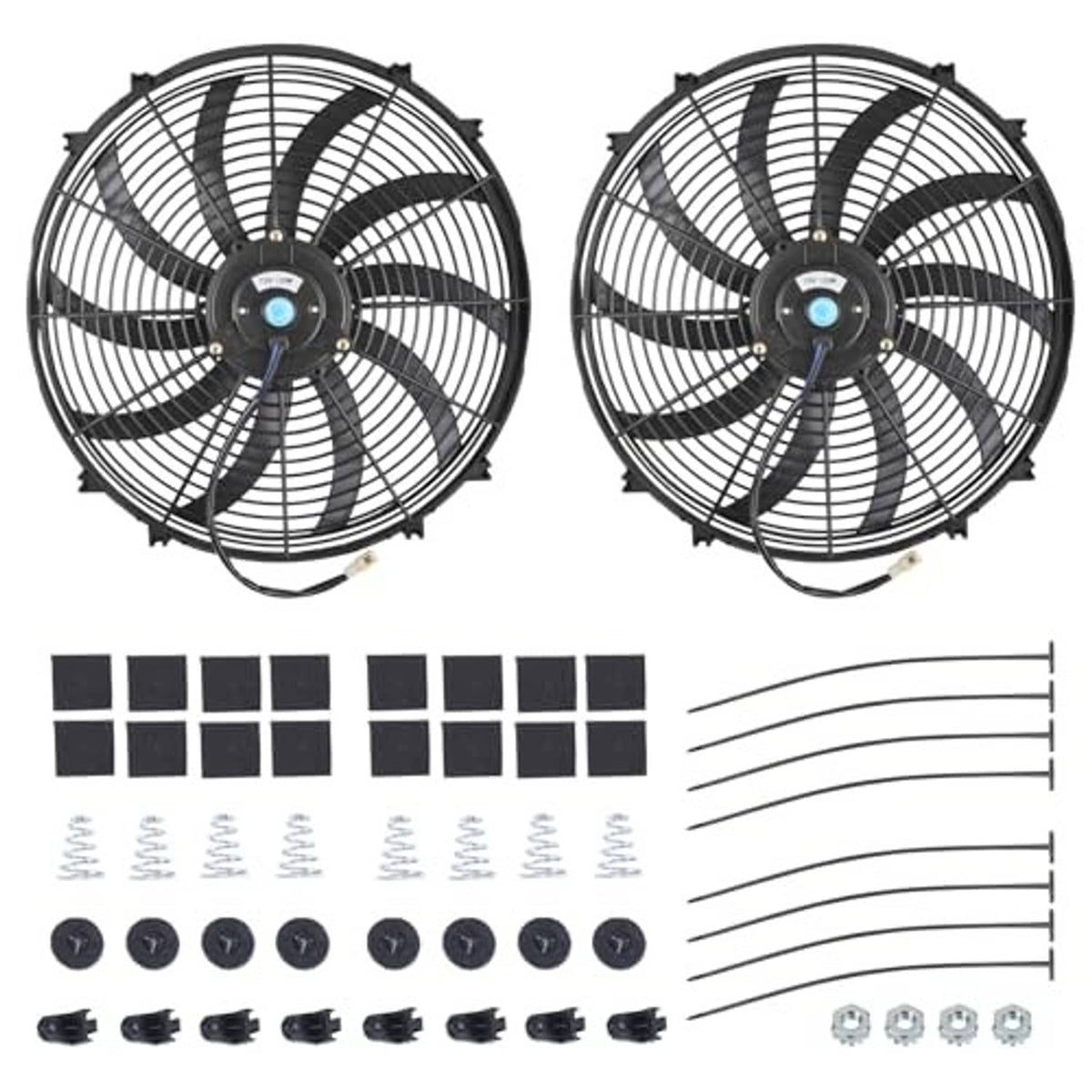 16-inch electric radiator cooling fan set with black grille and included mounting parts.