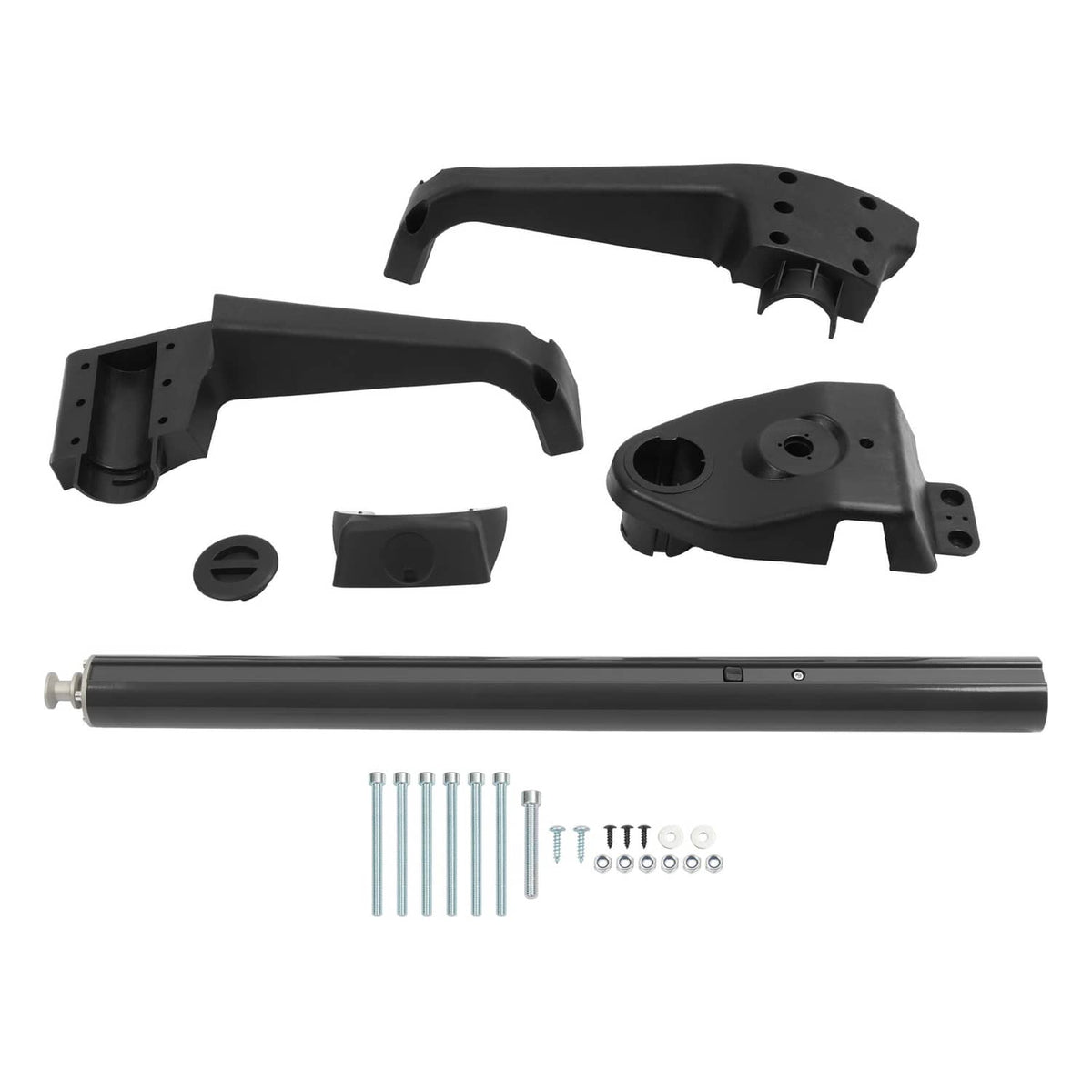 Water ski wake pylon kit with black brackets, base, hardware, and mounting pole