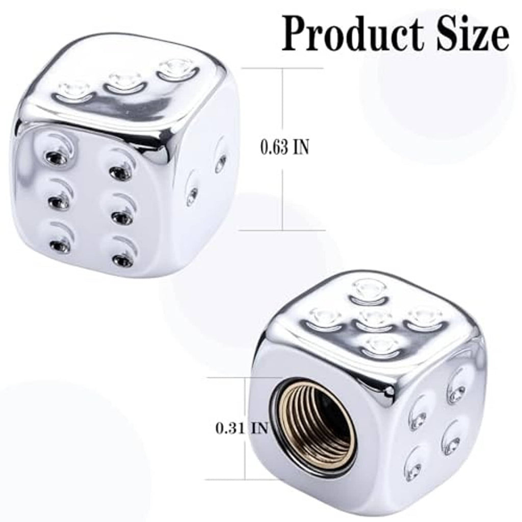 Silver chrome dice-shaped valve stem caps with threaded opening and top pattern