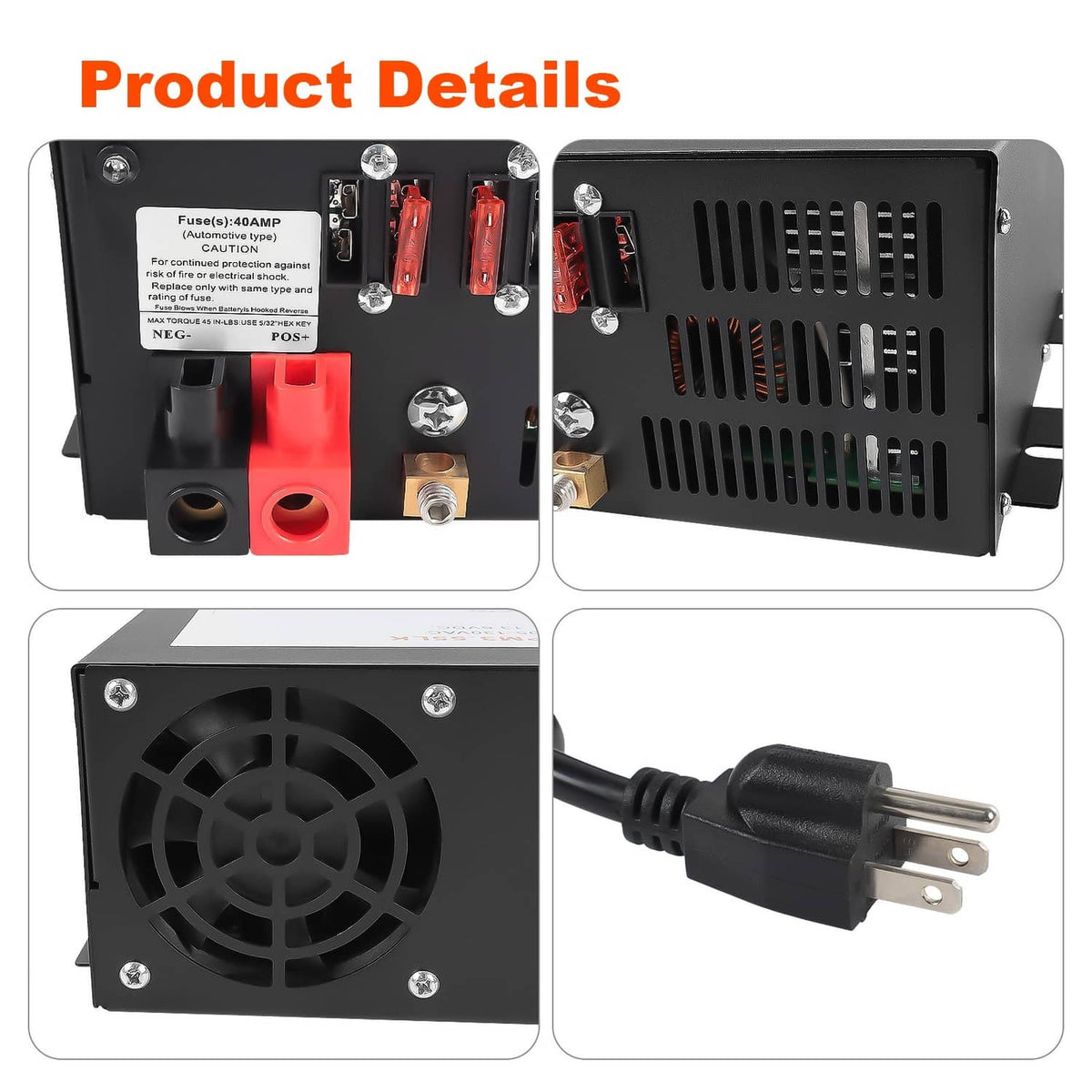 RV power converter close-up showing fuse slots, output terminals, and cooling fan