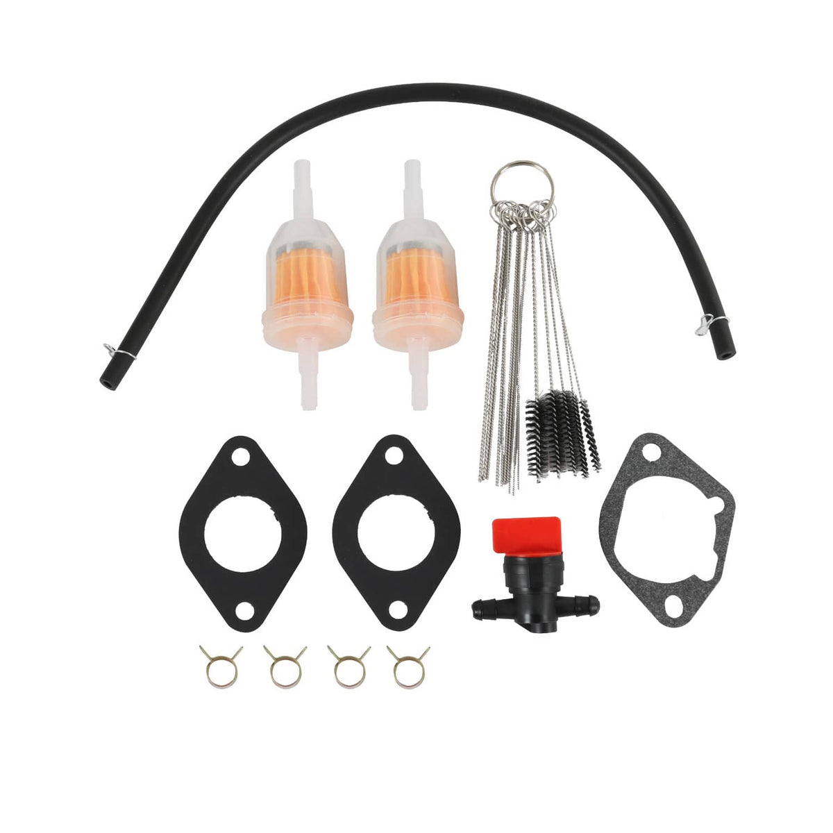 Carburetor parts kit with black hoses, gaskets, springs, and orange fuel filters